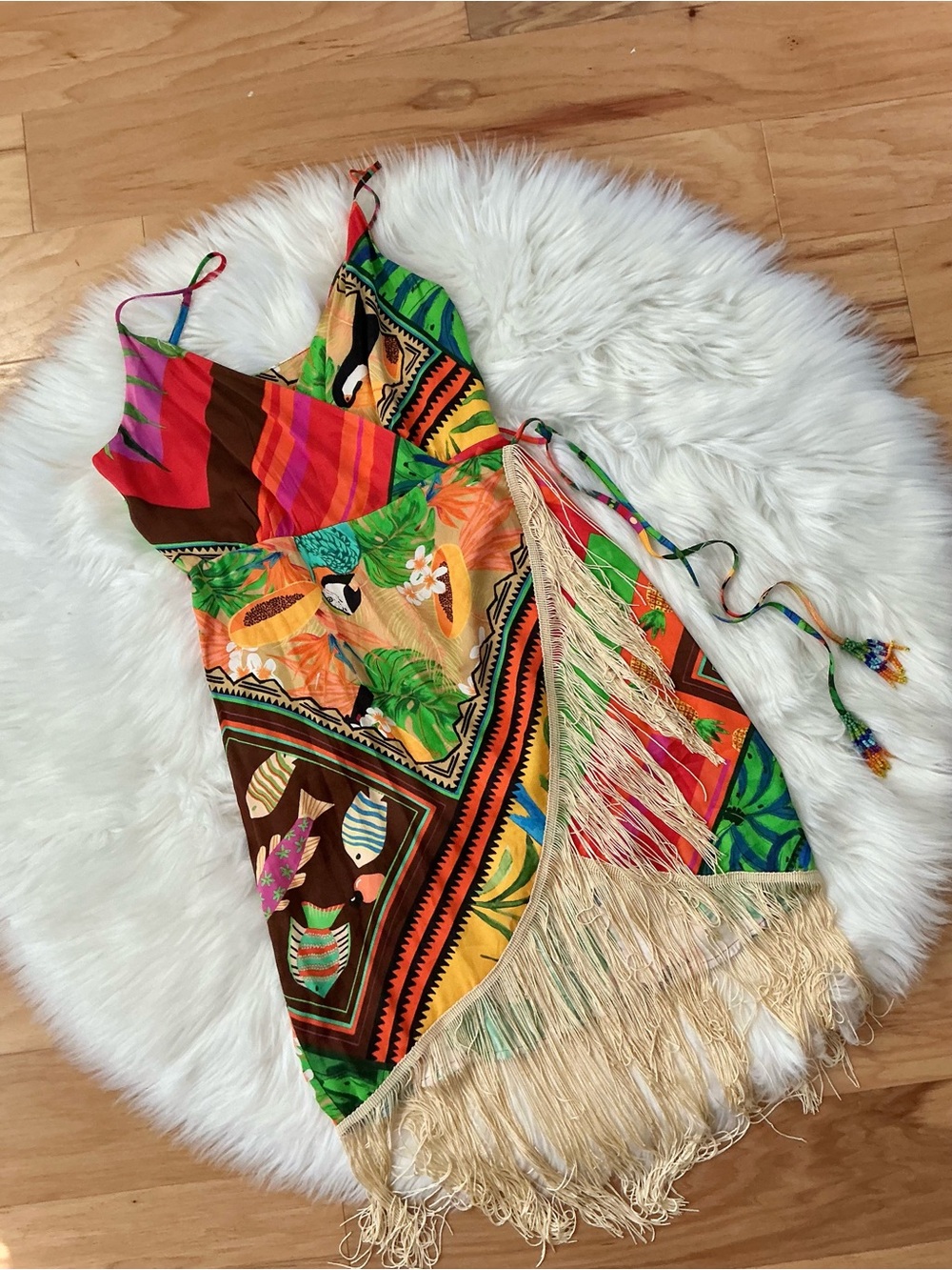 FARM Rio Vibrant Tropical Fringe Wrap Mini Dress Size XS